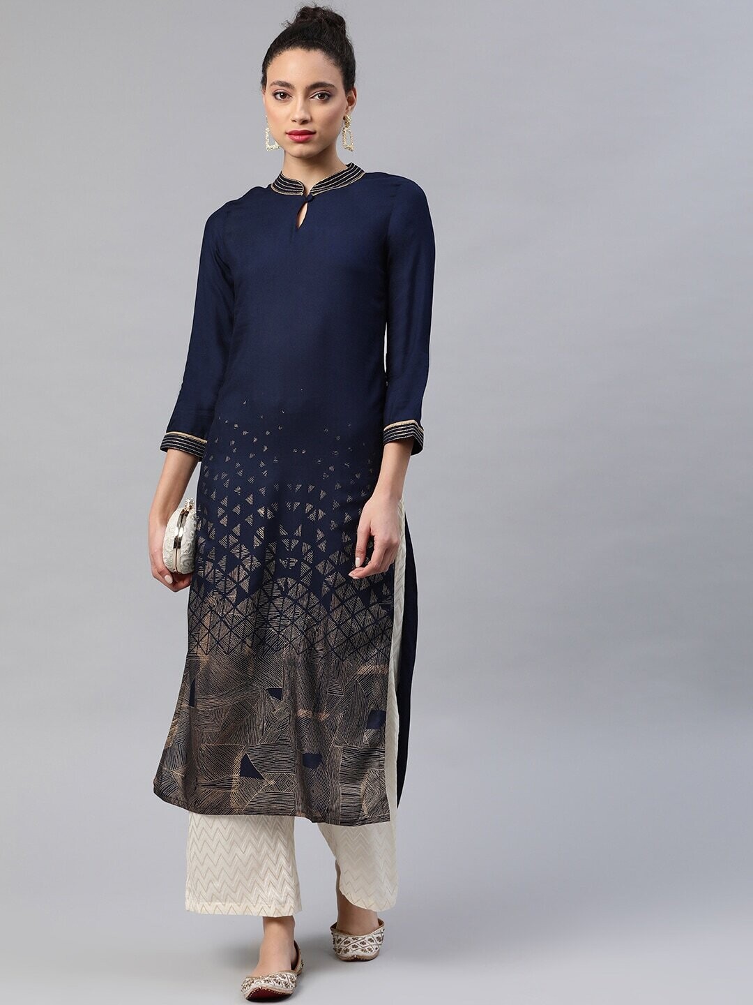 Navy Blue &amp; Golden Printed Straight Kurta