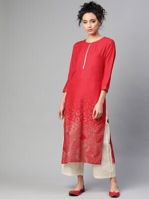 Red &amp; Golden Foil Print Straight Kurta