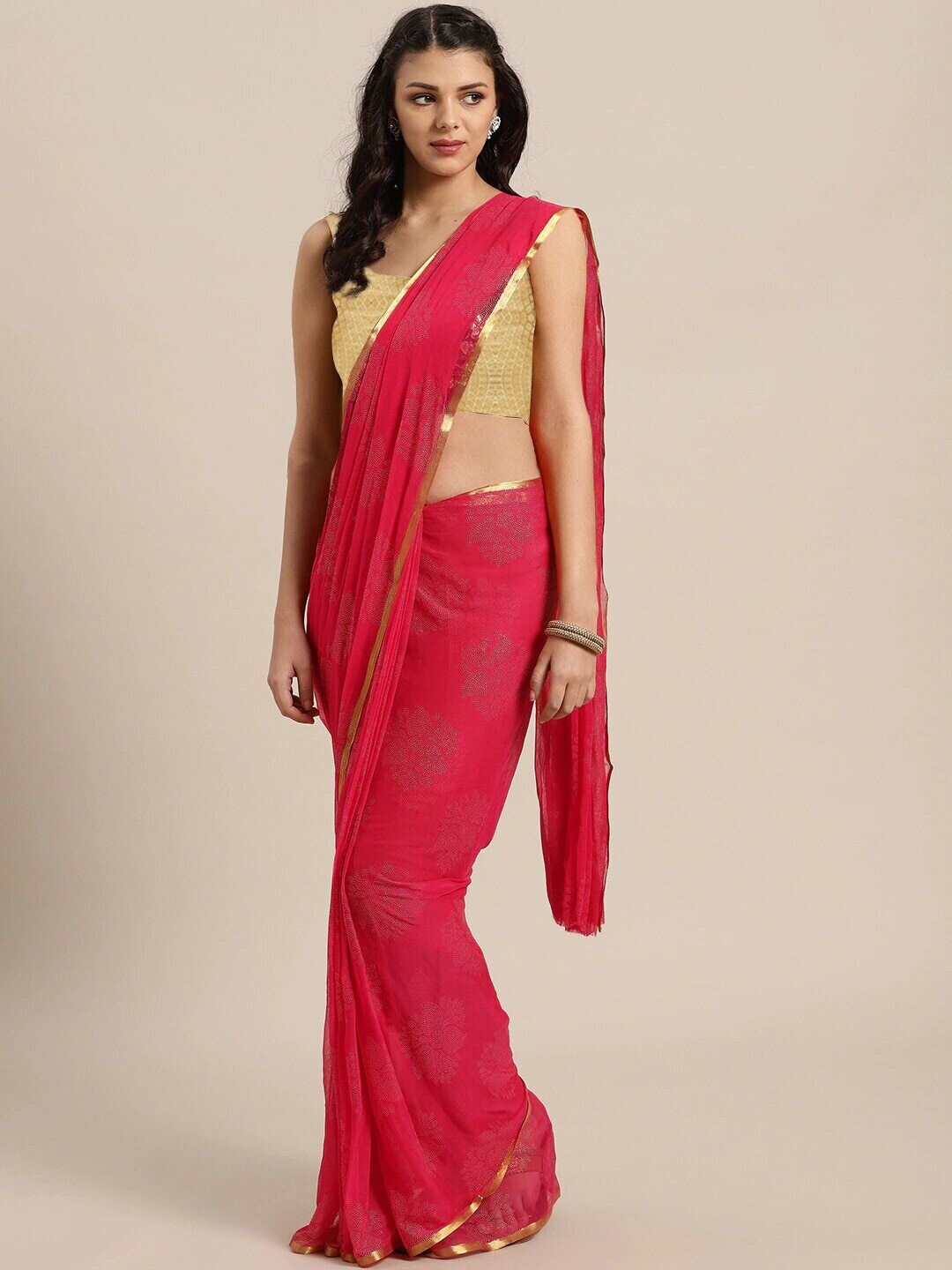 Pink &amp; Gold Poly Chiffon Saree