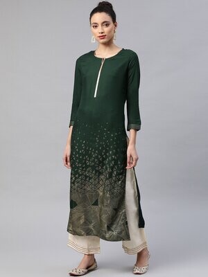 Green &amp; Golden Foil Printed Straight Kurta