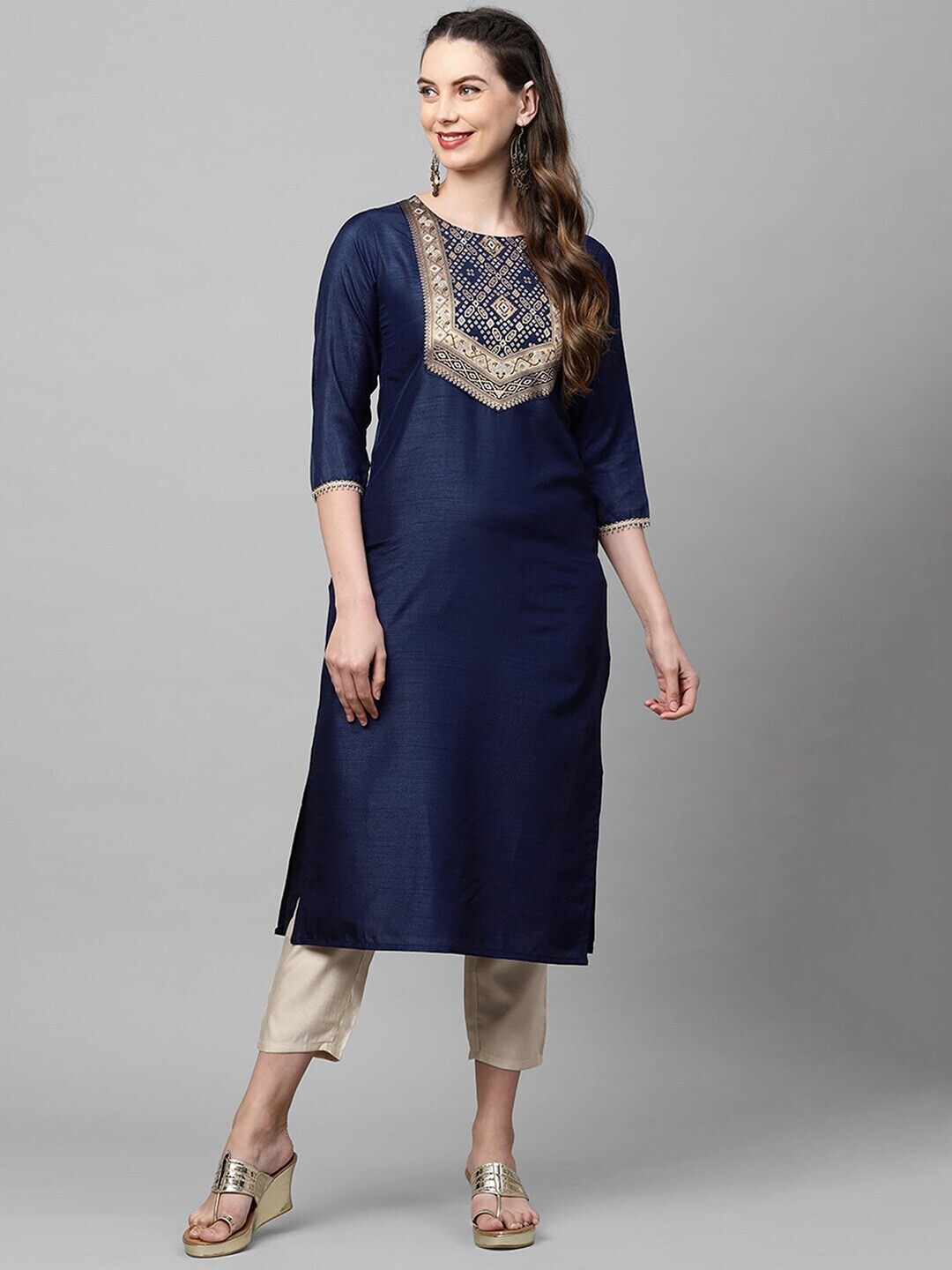 Navy Blue &amp; Gold Geometric Yoke Design Gotta Patti Kurta