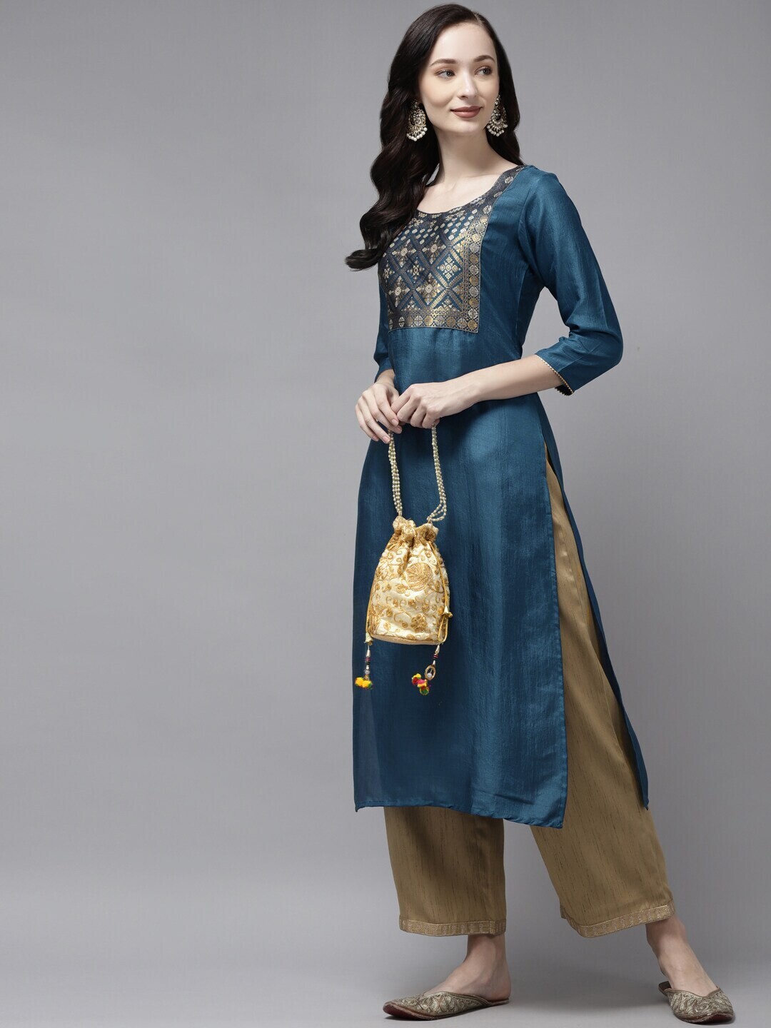 Teal Blue Yoke Design Straight Kurta