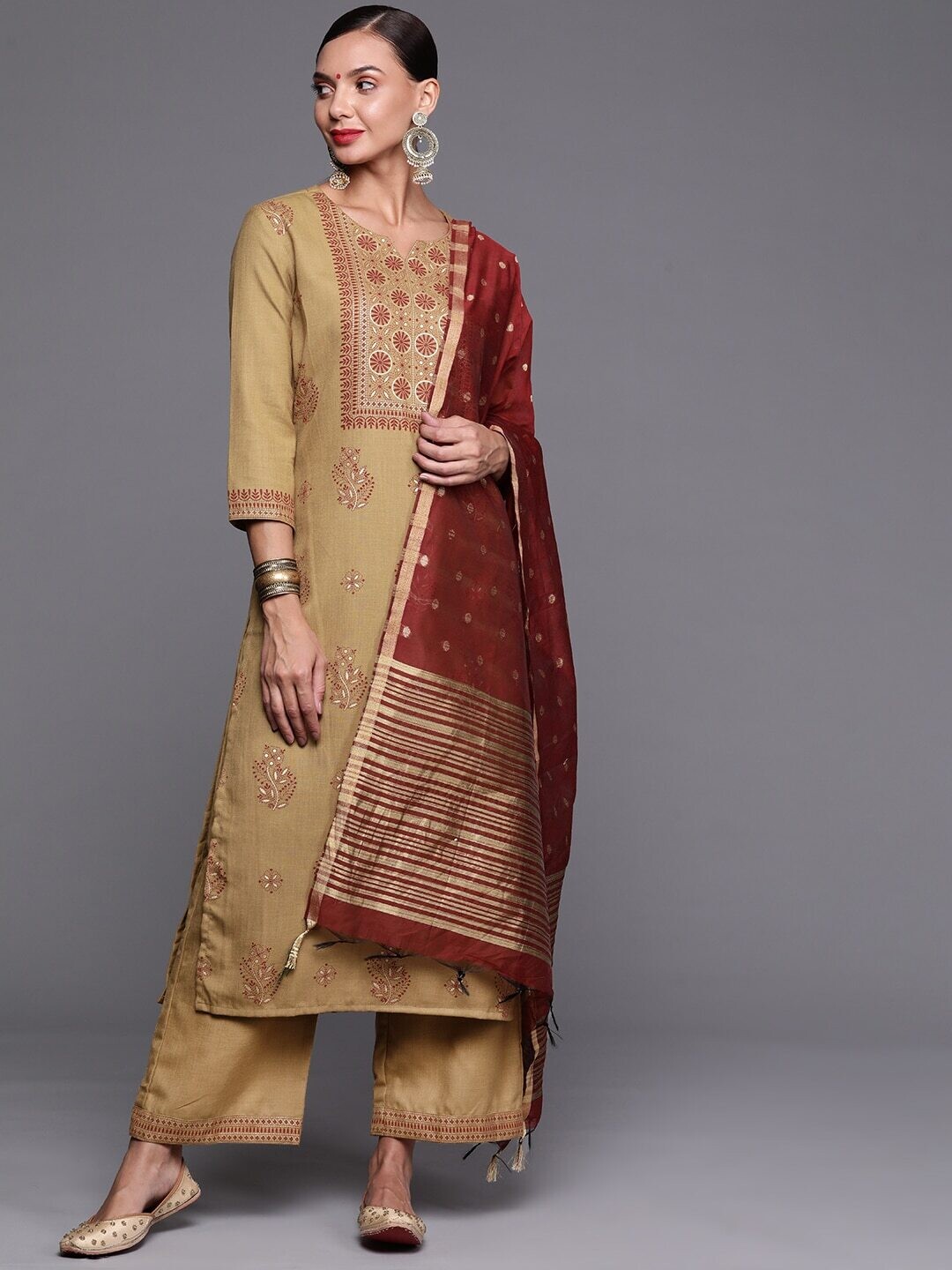 Beige &amp; Red Printed Kurta With Palazzos &amp; With Dupatta