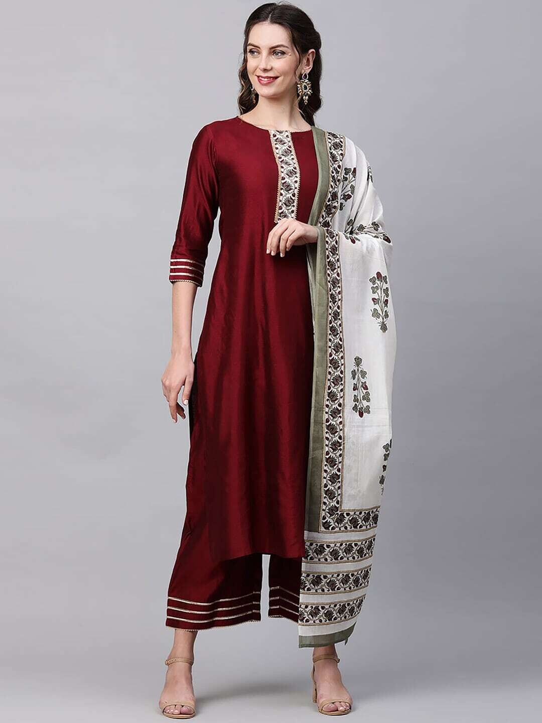 Maroon Yoke Design Panelled Kurta With Palazzos &amp; Dupatta
