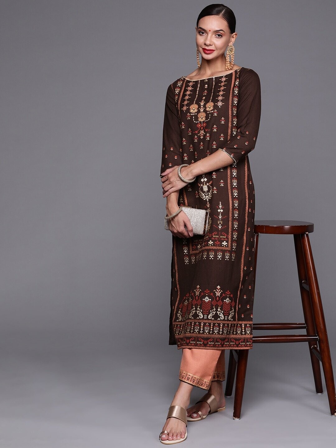 Brown &amp; Peach Printed Kurta With Palazzos
