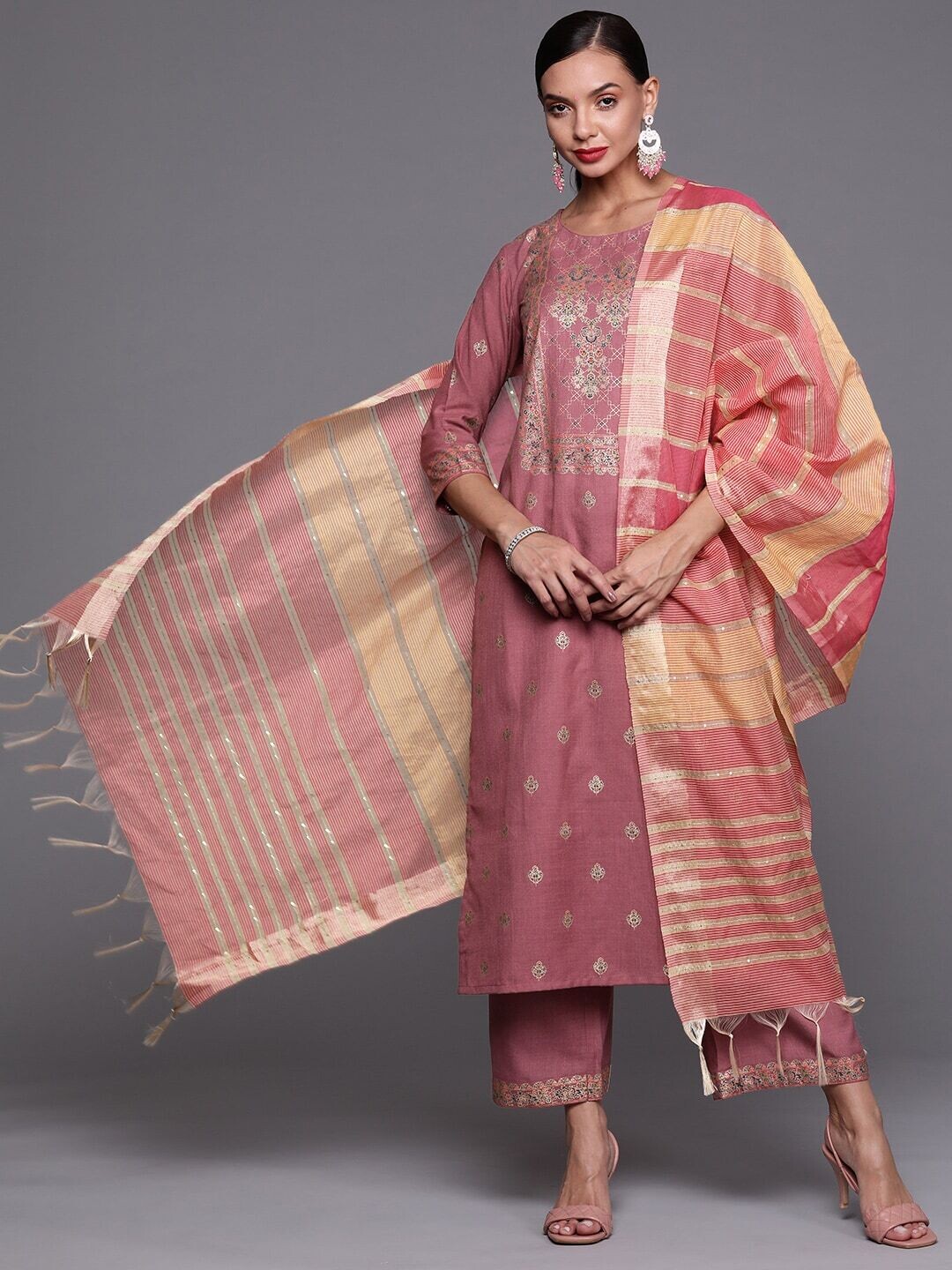 Pink Printed Kurta With Palazzos &amp; Dupatta