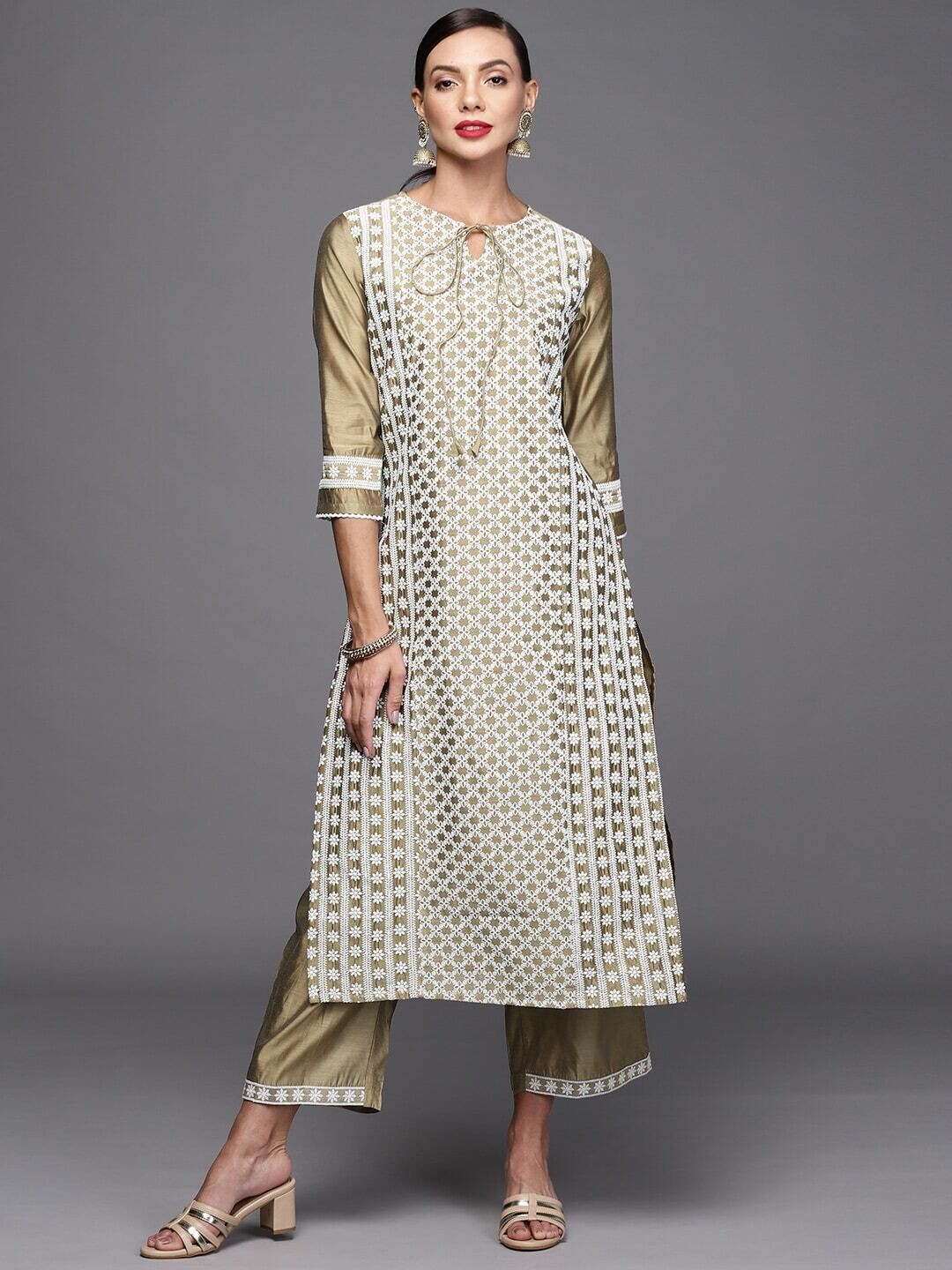 Golden &amp; White Embroidered Kurta With Palazzos