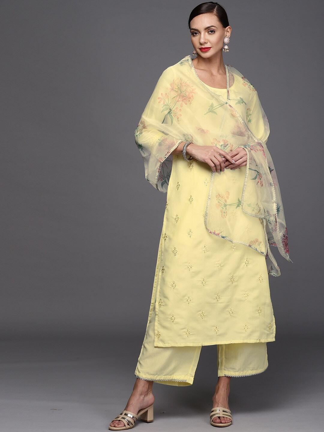 Yellow &amp; Pink Printed Kurta With Palazzos &amp; Dupatta