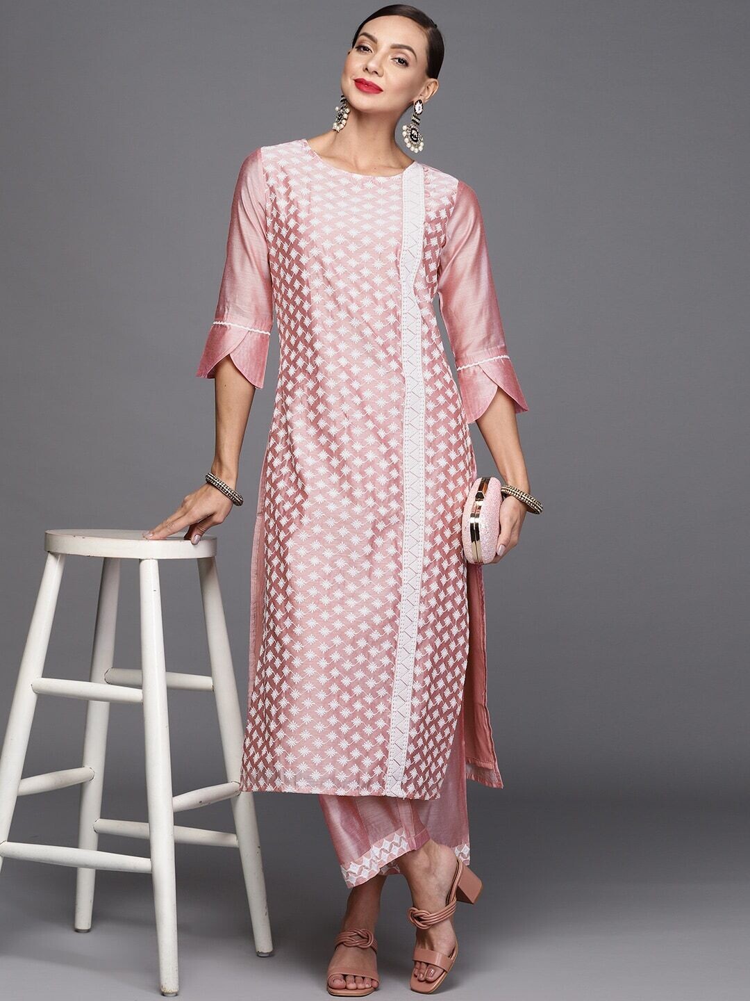 Pink &amp; White Embroidered Kurta With Palazzos