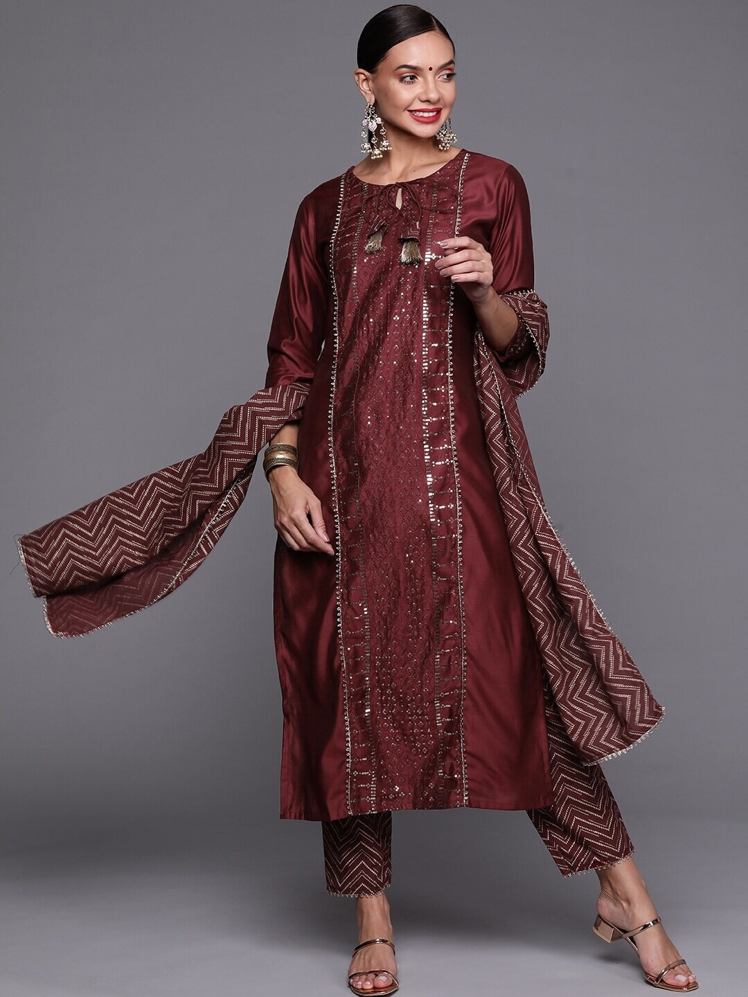 Burgundy Embroidered Kurta With Trousers &amp; With Dupatta