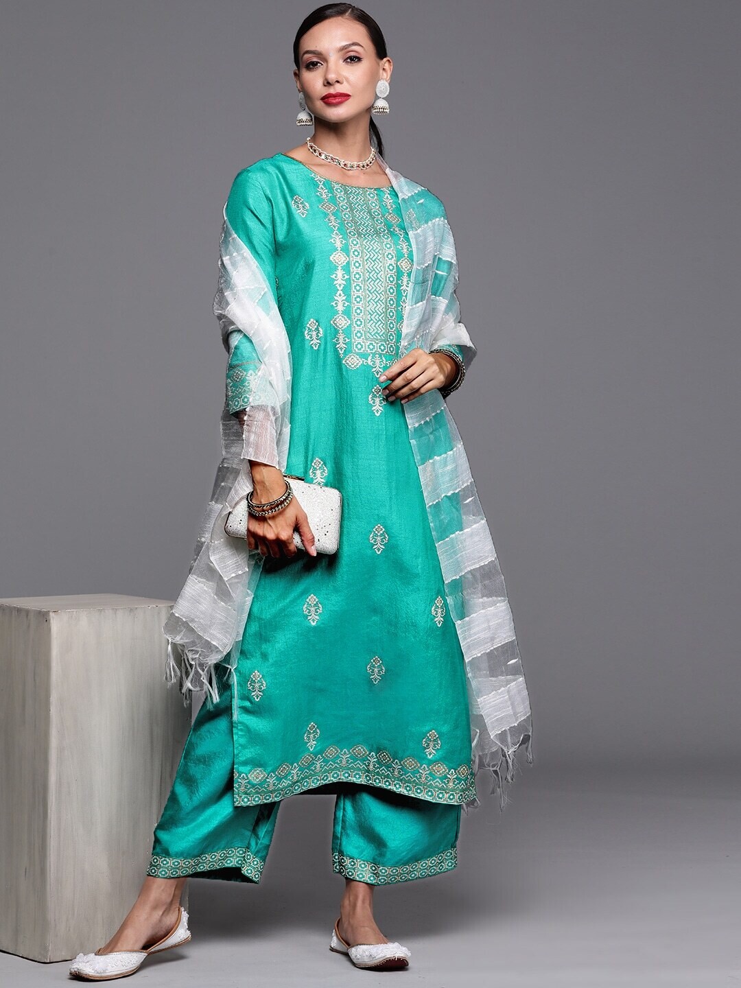 Green Foil Printed Straight Kurta With Palazzo &amp; Dupatta Set