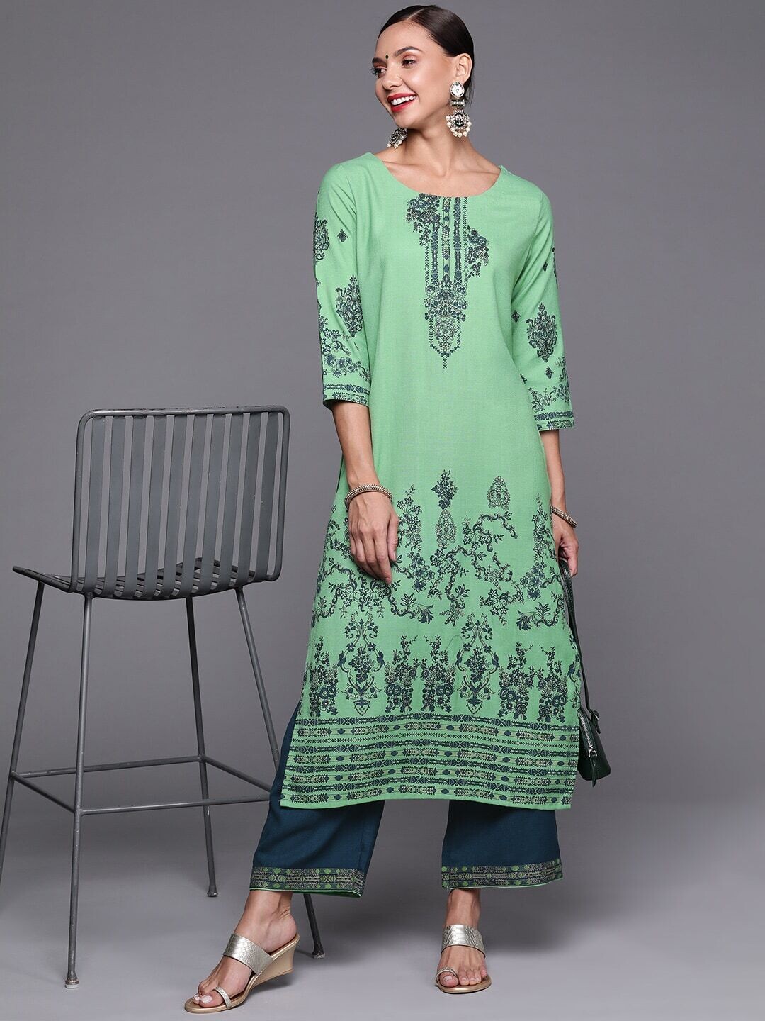 Green Printed Kurta With Palazzos