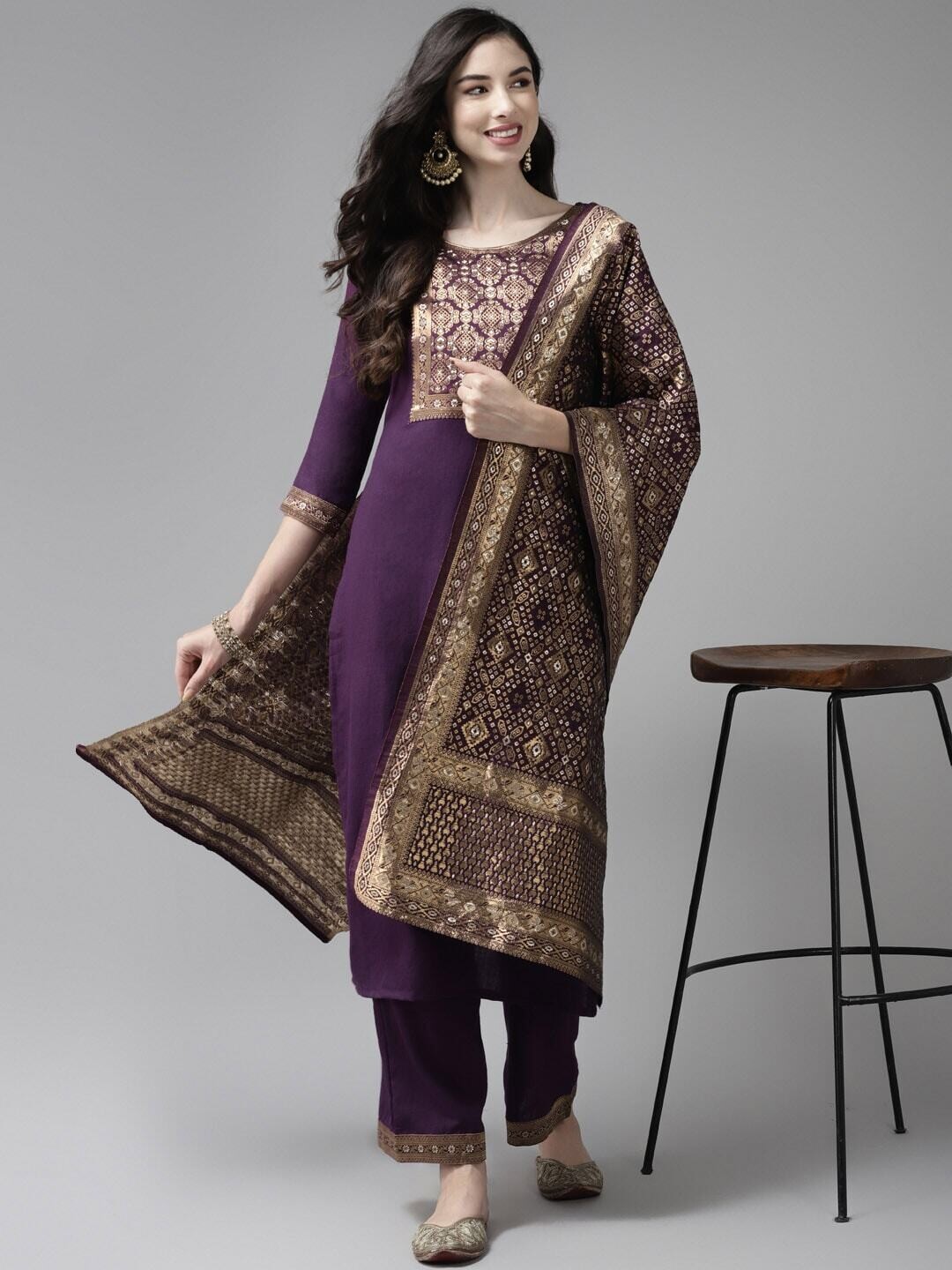 Magenta Yoke Design Regular Kurta With Palazzos &amp; Dupatta