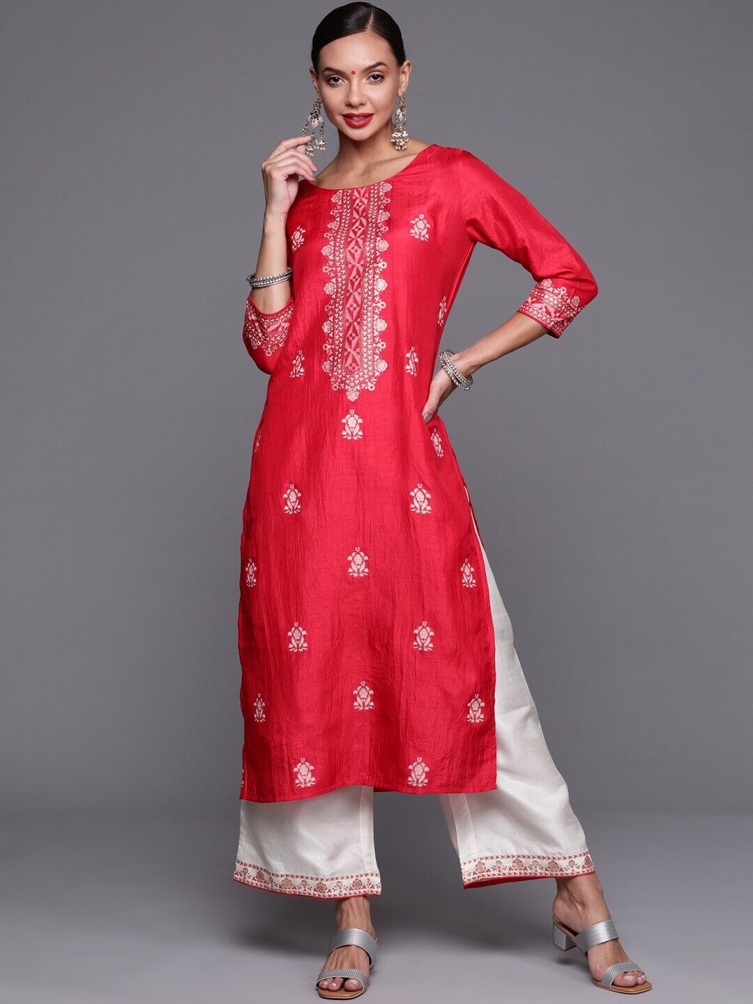 Red &amp; White Printed Kurta With Palazzos