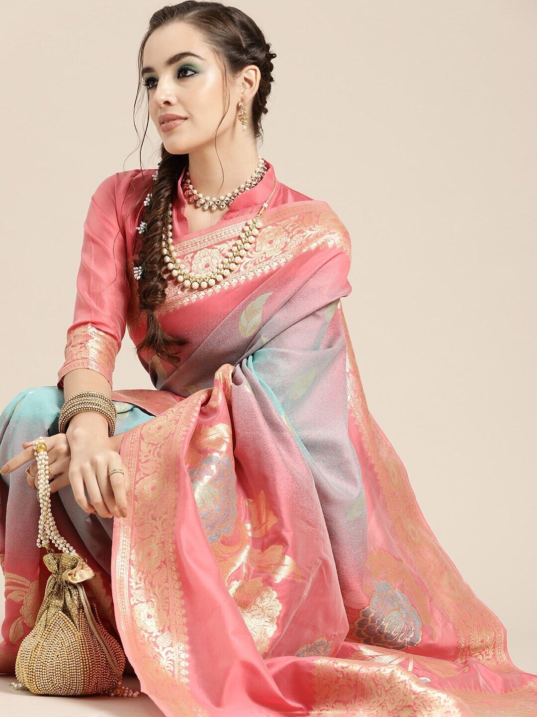 Pink &amp; Blue Floral Banarasi Saree