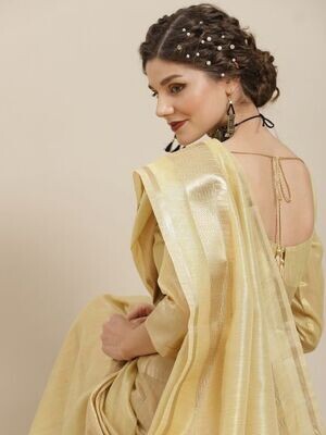 Yellow &amp; Gold Zari Work Cotton Organza Blend Saree
