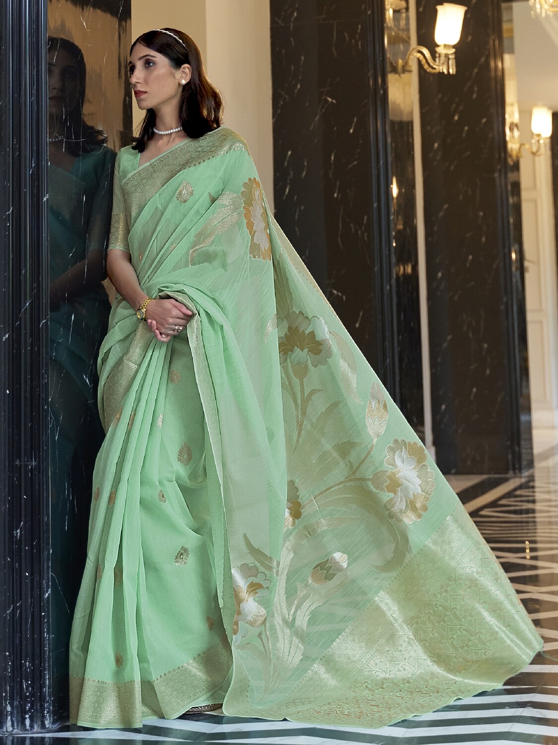 Light Green Pure Linen Floral Saree