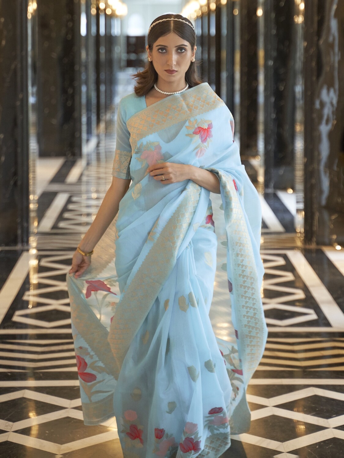 Light Blue Pure Linen Floral Saree