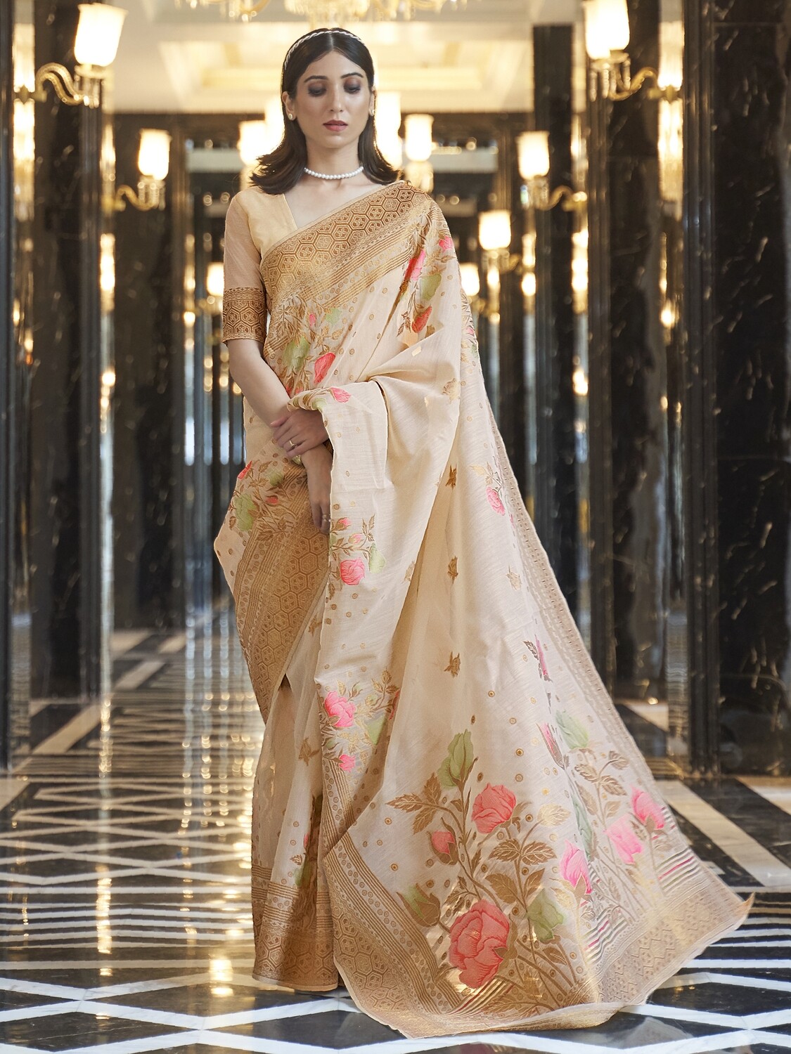 Bisque Pure Linen Floral Saree