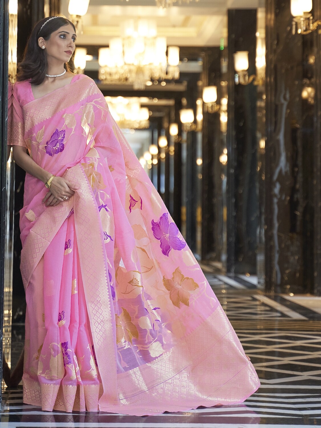 Rose Pink Pure Linen Floral Saree