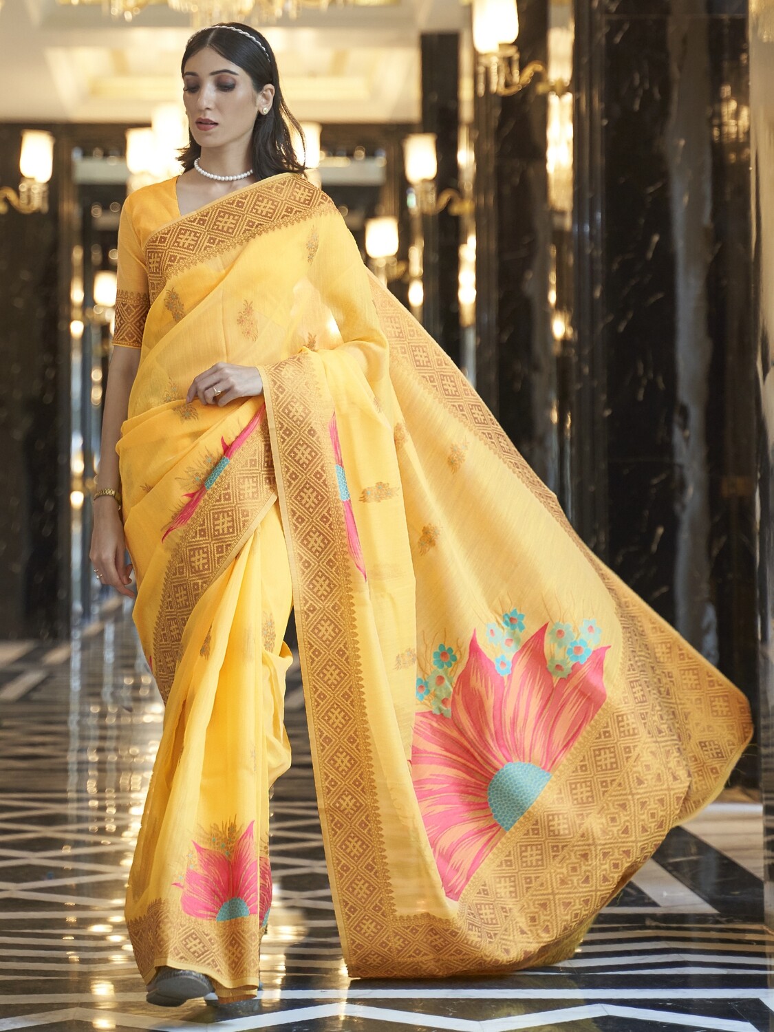 Yellow Pure Linen Floral Saree