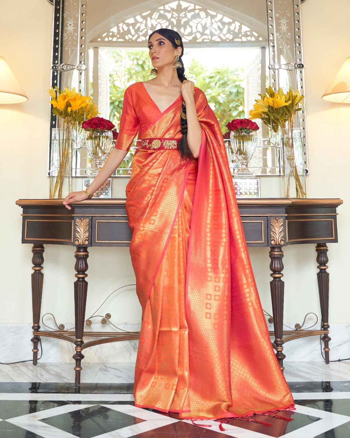 Orange Handloom Silk Saree