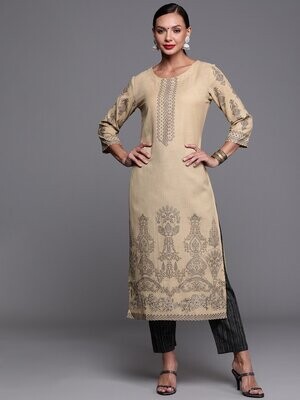 Beige &amp; Grey Foil Print Straight Kurta
