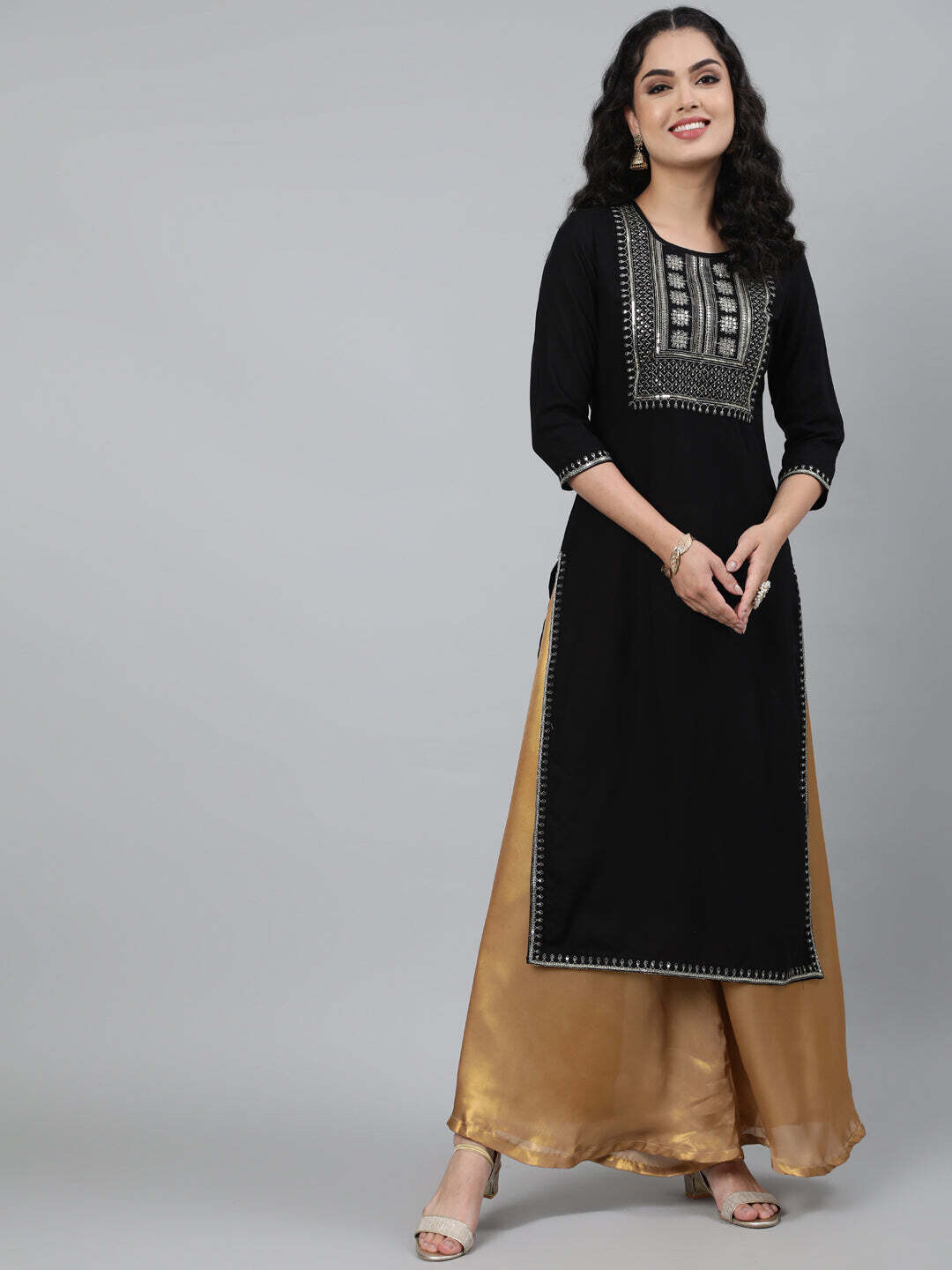 Rayon Black Calf Length Straight 3/4 Sleeve Round Neck Embroidered Kurta