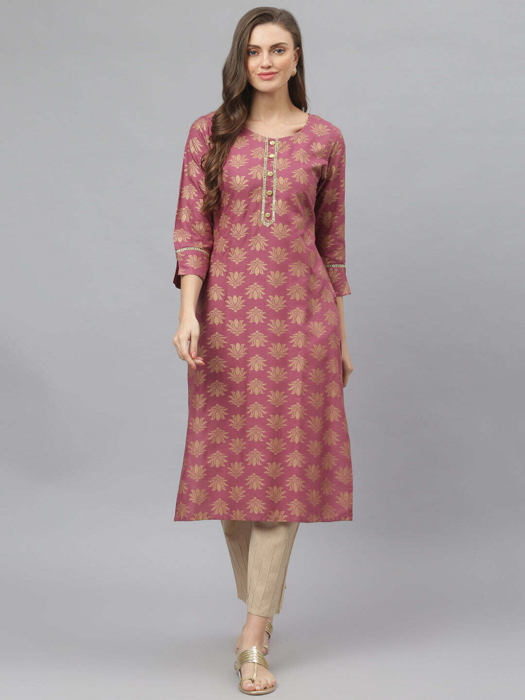 Pink &amp; Gold Printed Rayon Straight Kurta