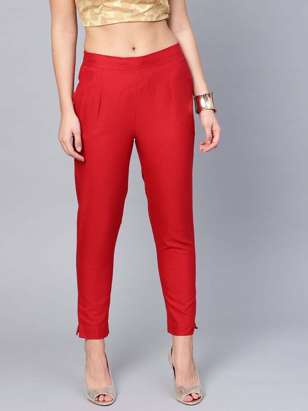 Red Cotton Flex Solid Slim Fit Pant