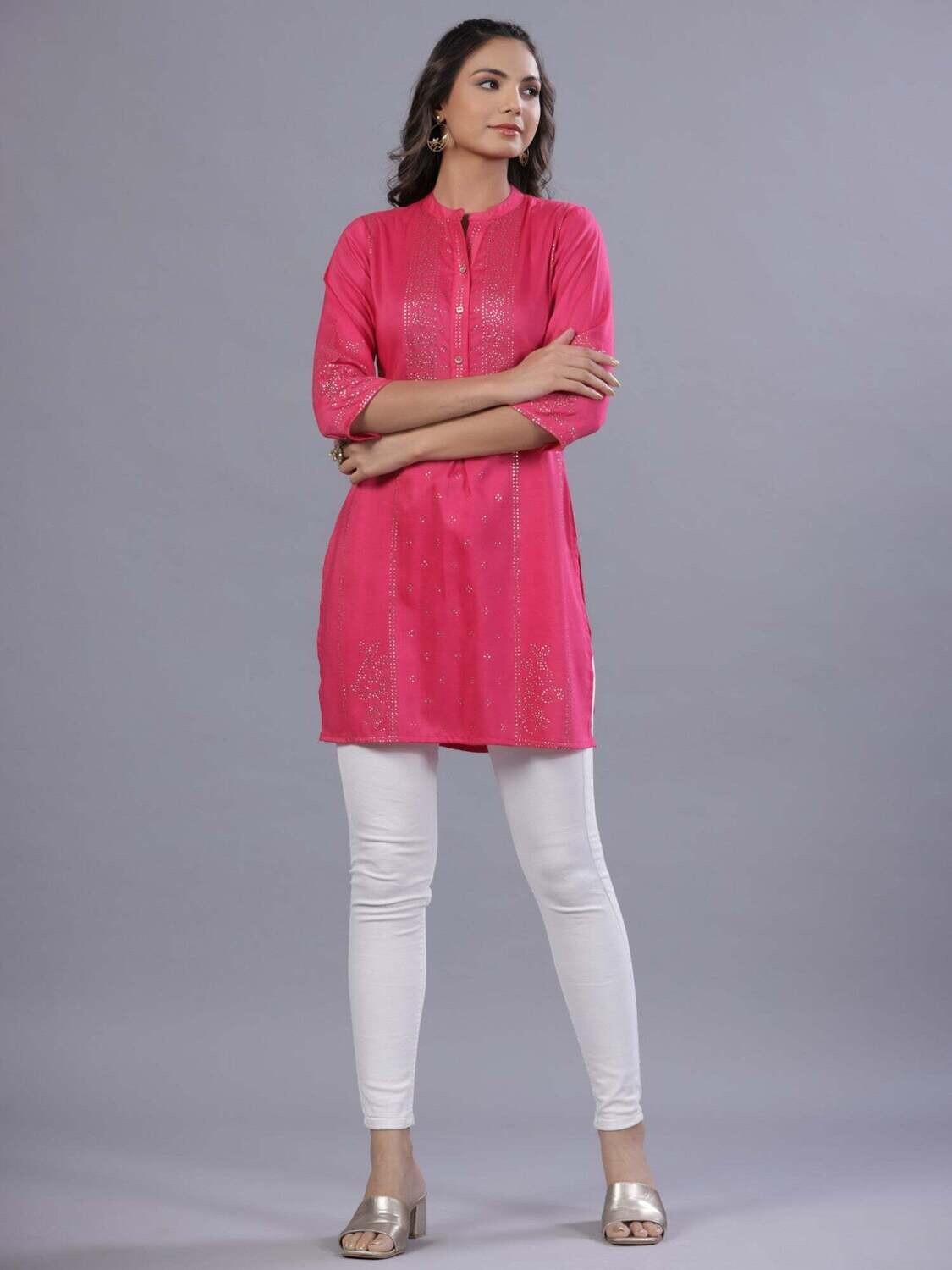 Fuchsia Chinon Silk Mukesh Work Straight Tunic
