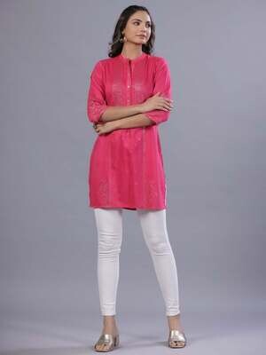 Fuchsia Chinon Silk Mukesh Work Straight Tunic