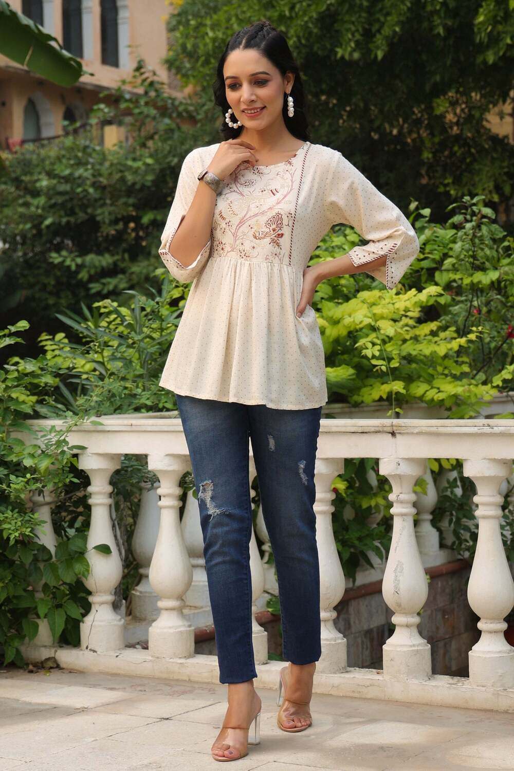 Ivory Rayon Slub Polka Print Peplum Tunic