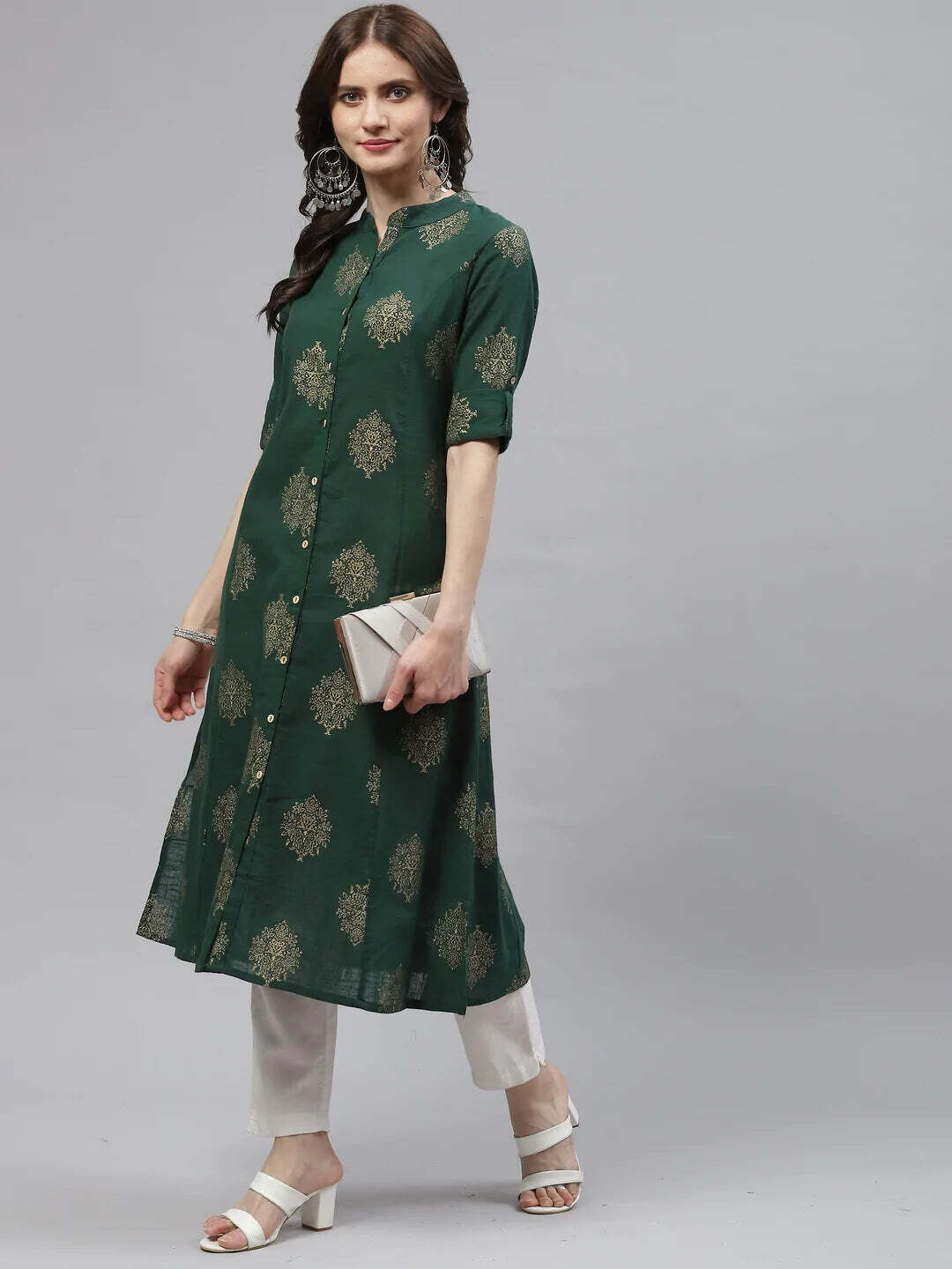 Dark Green Cotton A-line Kurta