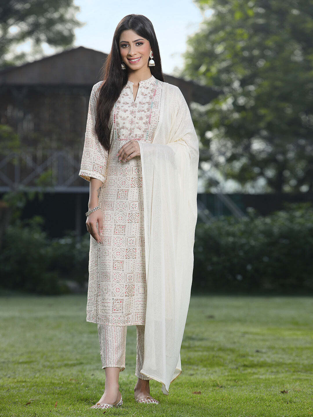 Off White Rayon Festive Printed Kurta set