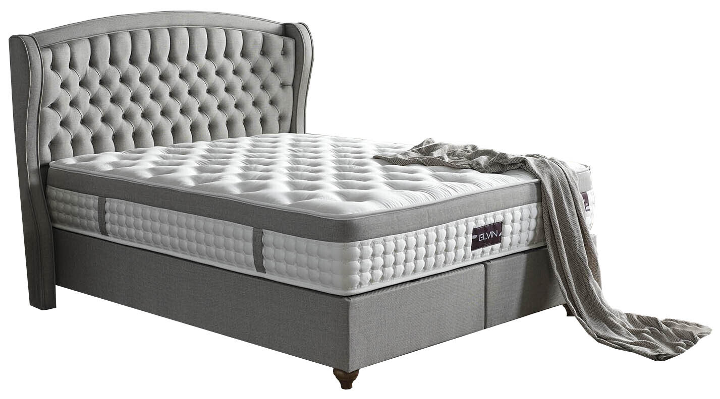 Elvin Ottoman by Homelee - Grey Linen | Dark Blue