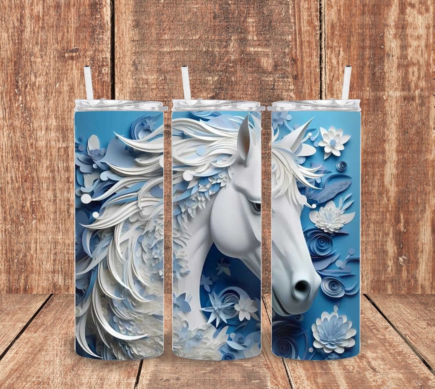 3 D White  Horse on Blue Tumbler