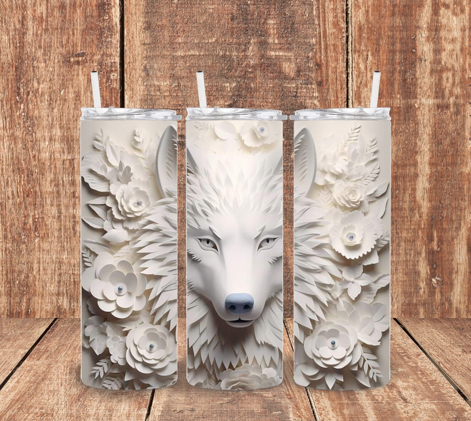 3 D White Wolf Tumbler