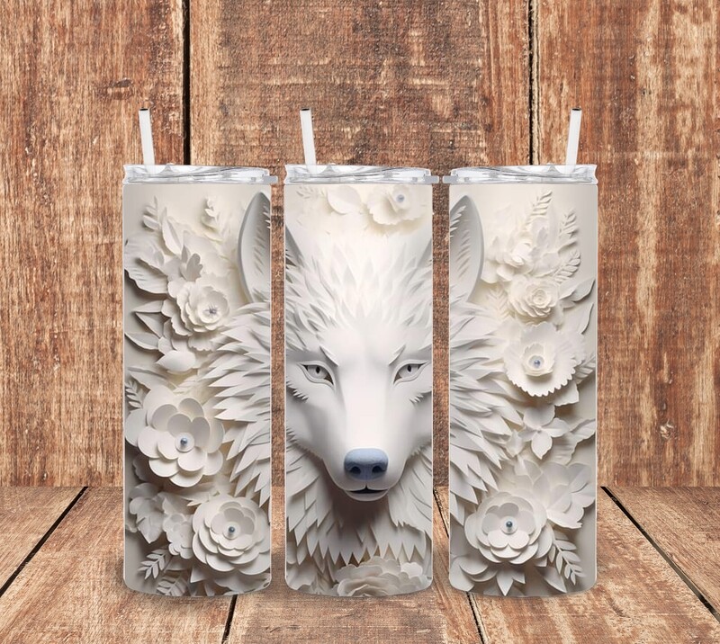 3 D White Wolf Tumbler