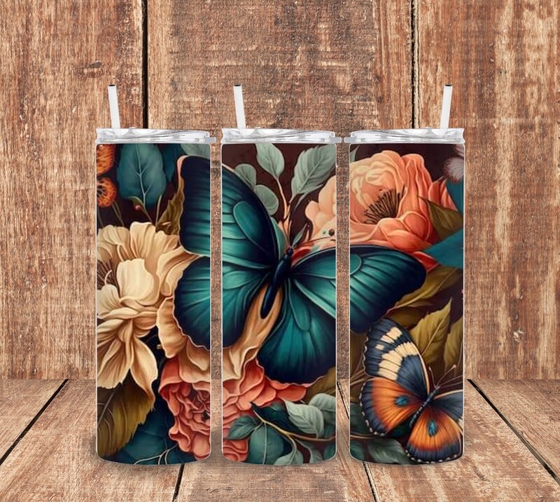 3 D Blue Butterfly / Flowers Tumbler