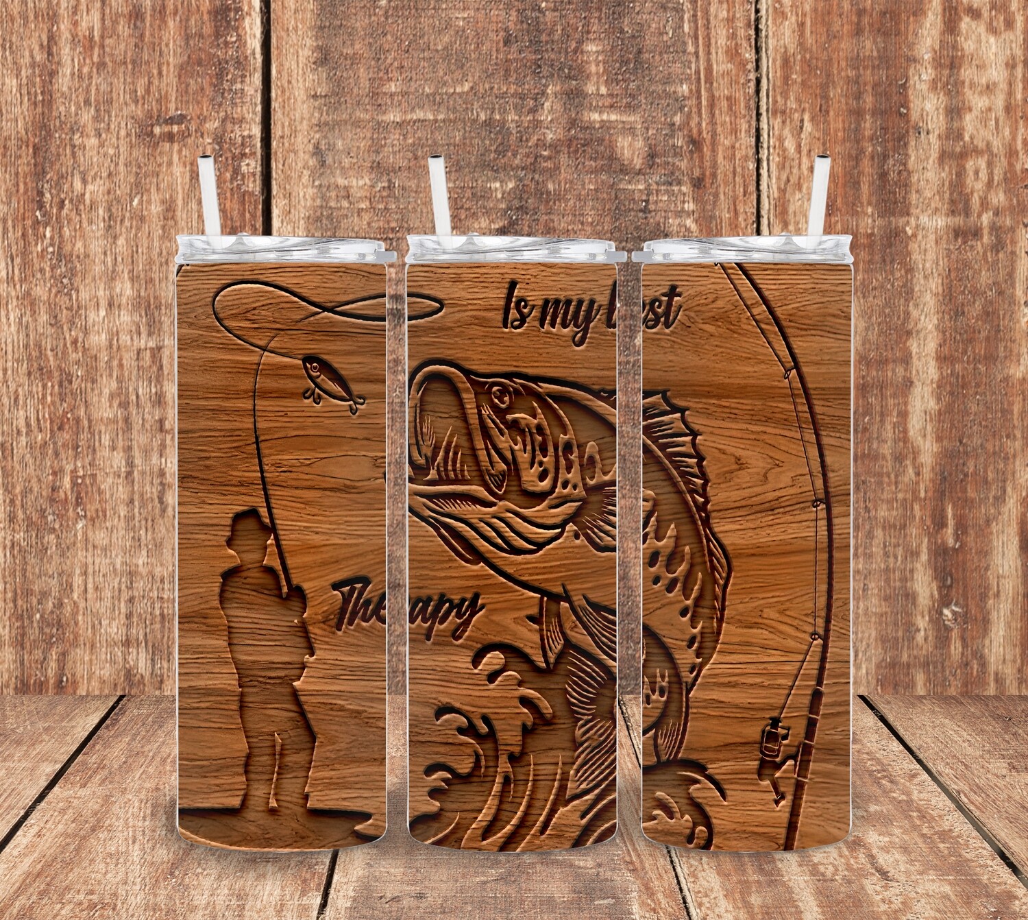 Fishing is my Therapy Wood Carving Tumbler