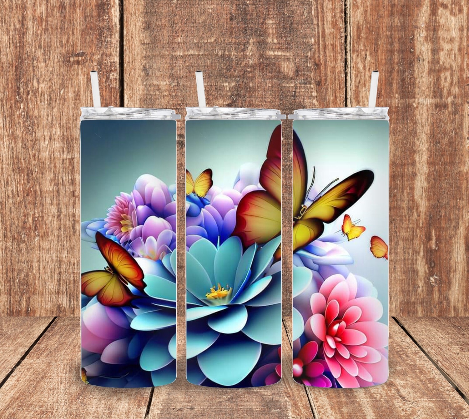 3 D Monarch Butterfly / Flowers Tumbler