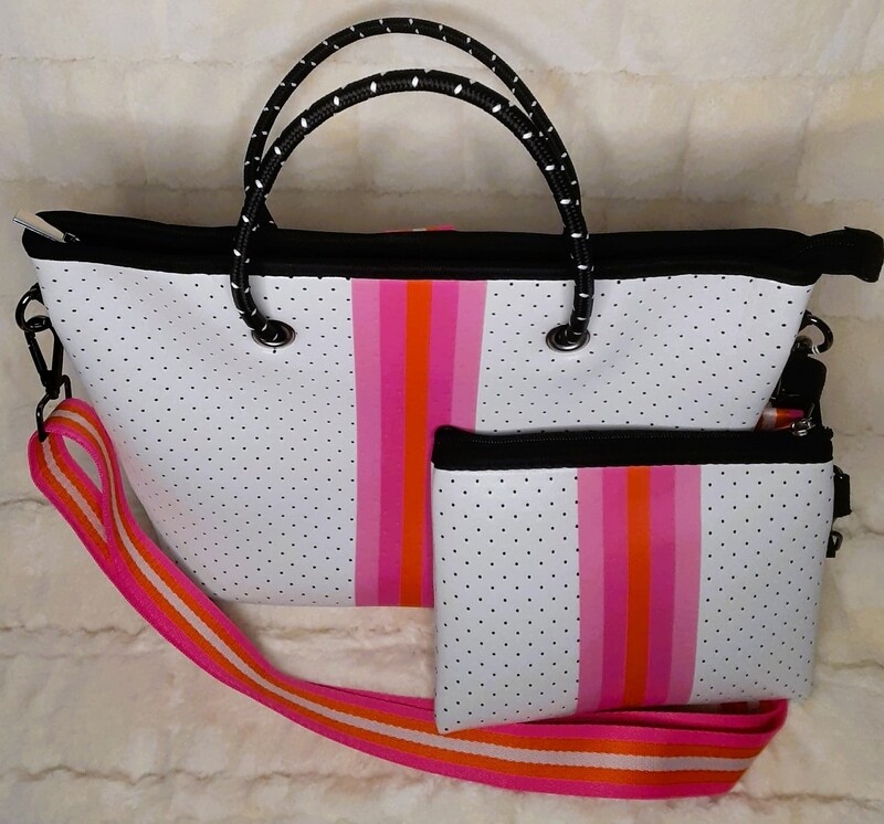 White Neoprene Bag With Pink Stripe