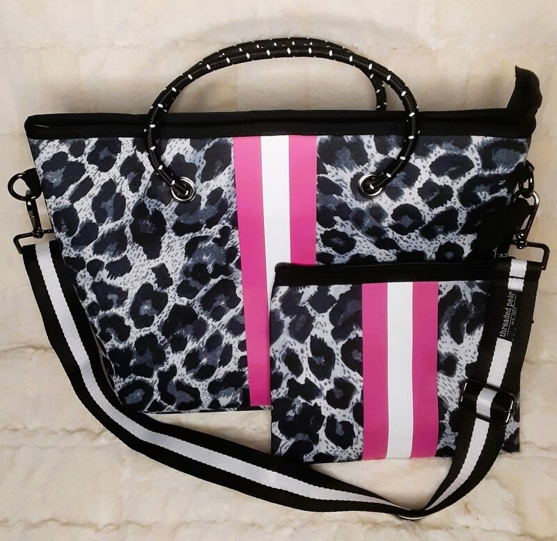 Black Leopard Neoprene Bag with Pink Stripe