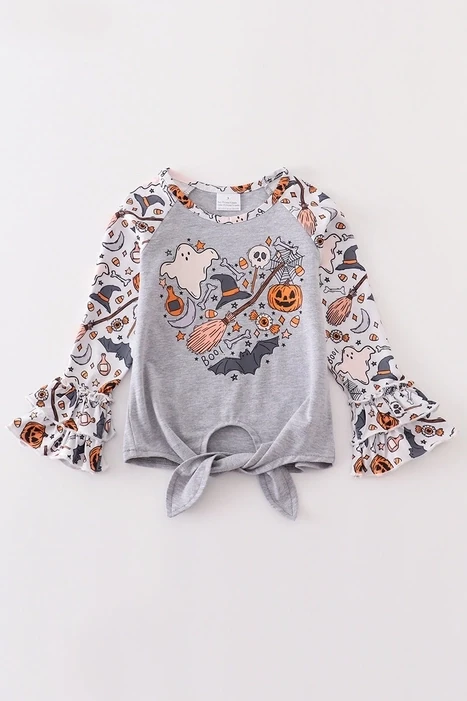 Girls Halloween Bell Sleeve Tie Front Top