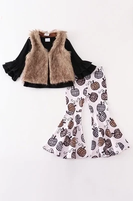 Girls Black Top with Fur Vest Pumpkin Print 3 Piece Pant Set