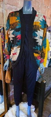 Multicolor Abstract Print Cardigan with Pockets