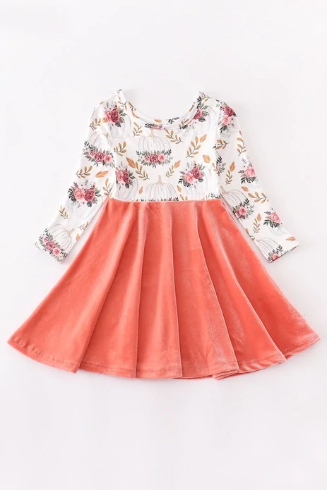 Girls Pumpkin Floral Velvet Twirl Dress