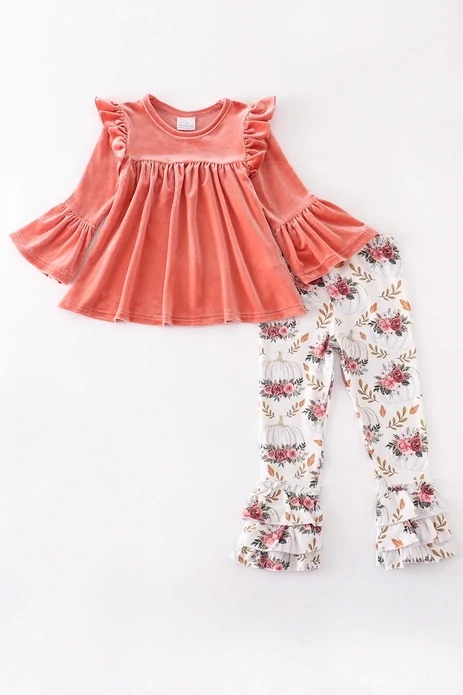 Girls Pumpkin Floral Velvet Ruffle Pants Set