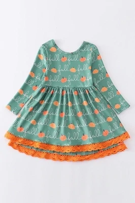 Girls Green Fall Pumpkin Ruffle Dress